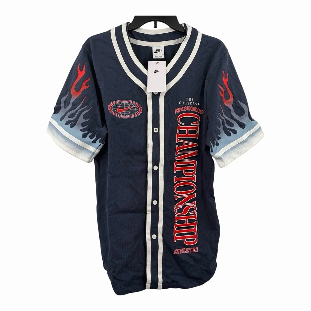 Nike Team Baseball Jersey Mens M DV9642-437 Button Up Flame Graphic NWT